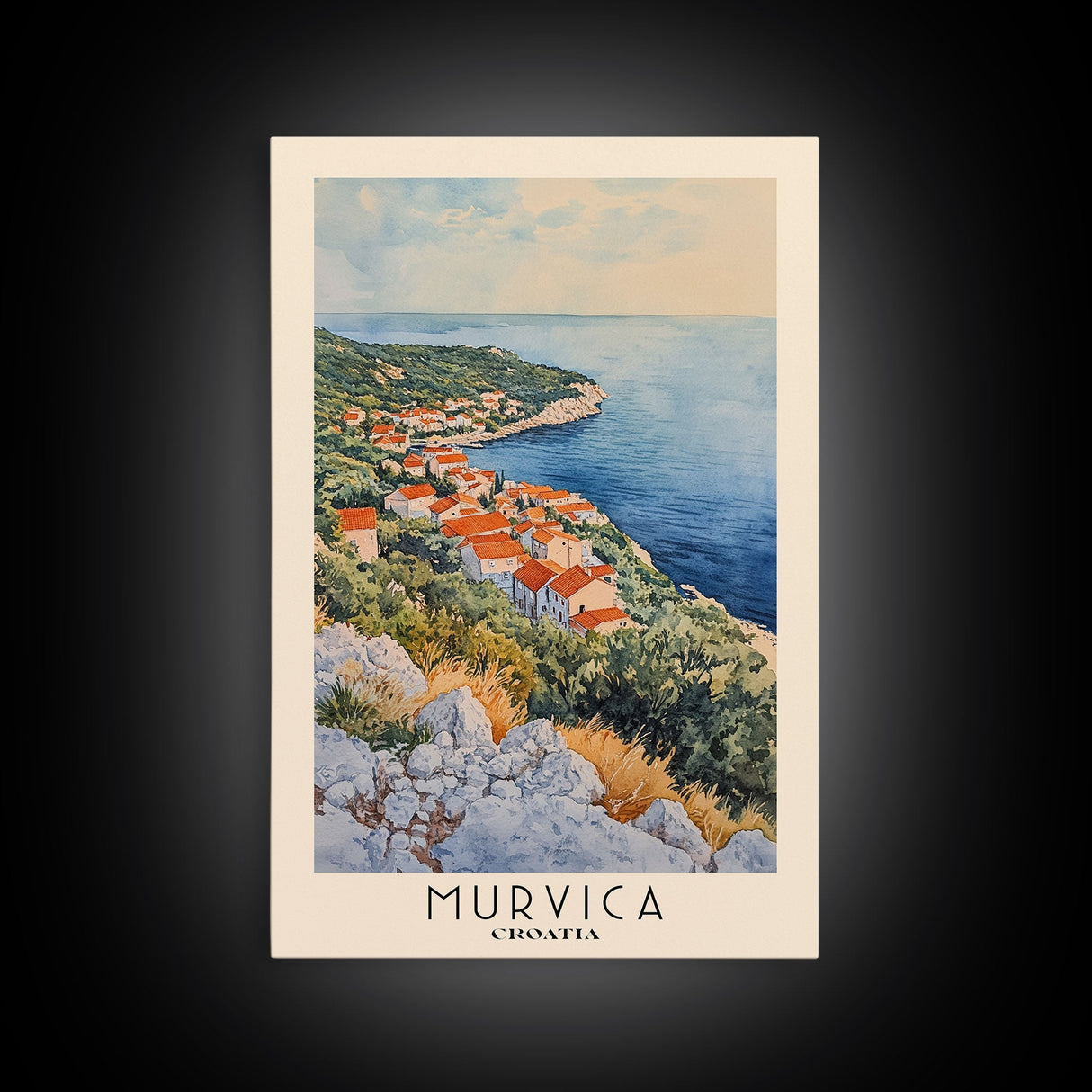 Murvica, Croatia Watercolor Print, Vacation Gift, Croatia Wall Art, Beach Painting, Beach Decor, Large Wall Art, Wood Frame Art