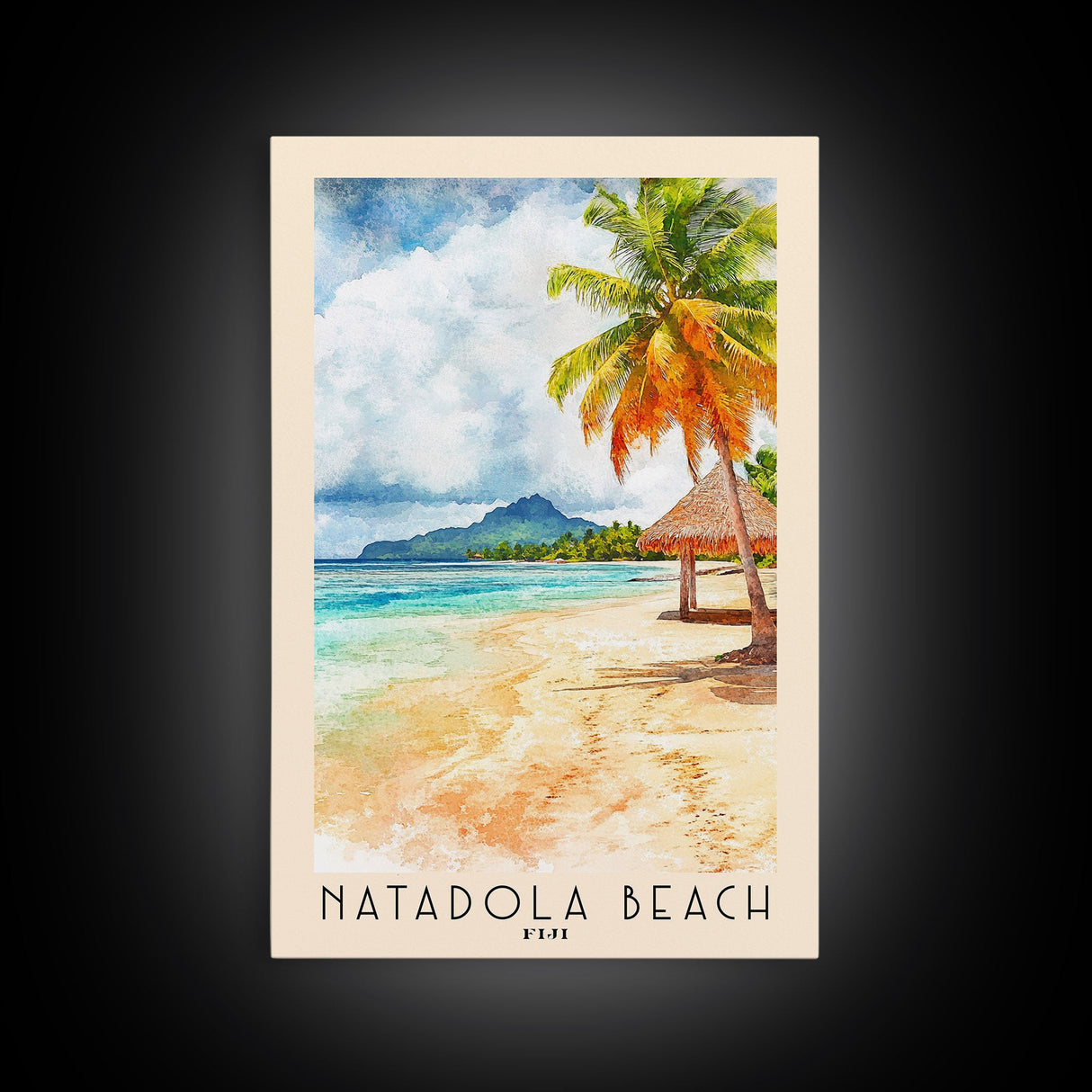 Natadola Beach, Fiji Watercolor Beach Print, Vacation Gift, Fiji Wall Art, Framed Canvas Print, Framed Beach Painting