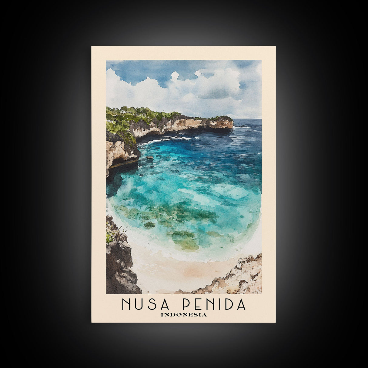 Nusa Penida, Indonesia Watercolor Beach Print, Vacation Gift, Indonesia Wall Art, Framed Canvas Print, Framed Beach Painting