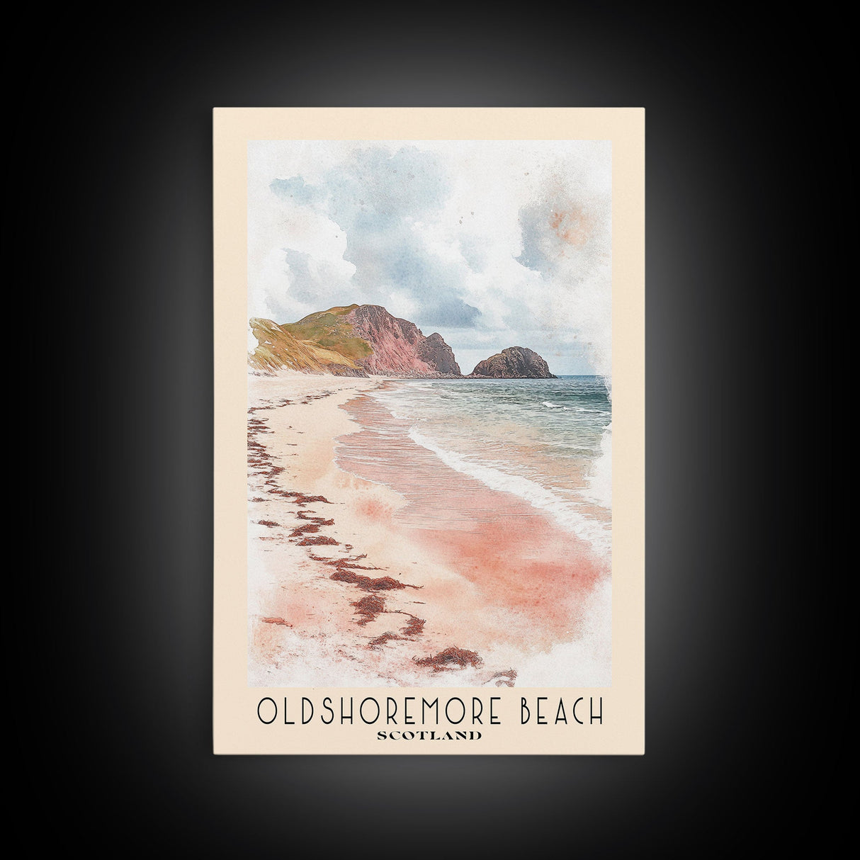 Oldshoremore beach, Scotland Watercolor Beach Print, Vacation Gift, Scotland Wall Art, Framed Canvas Print, Framed Beach Painting