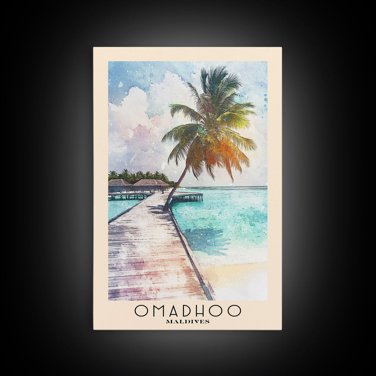 Omadhoo, Maldives Watercolor Print, Vacation Gift, Maldives Wall Art, Beach Painting, Beach Decor, Large Wall Art, Wood Frame Art