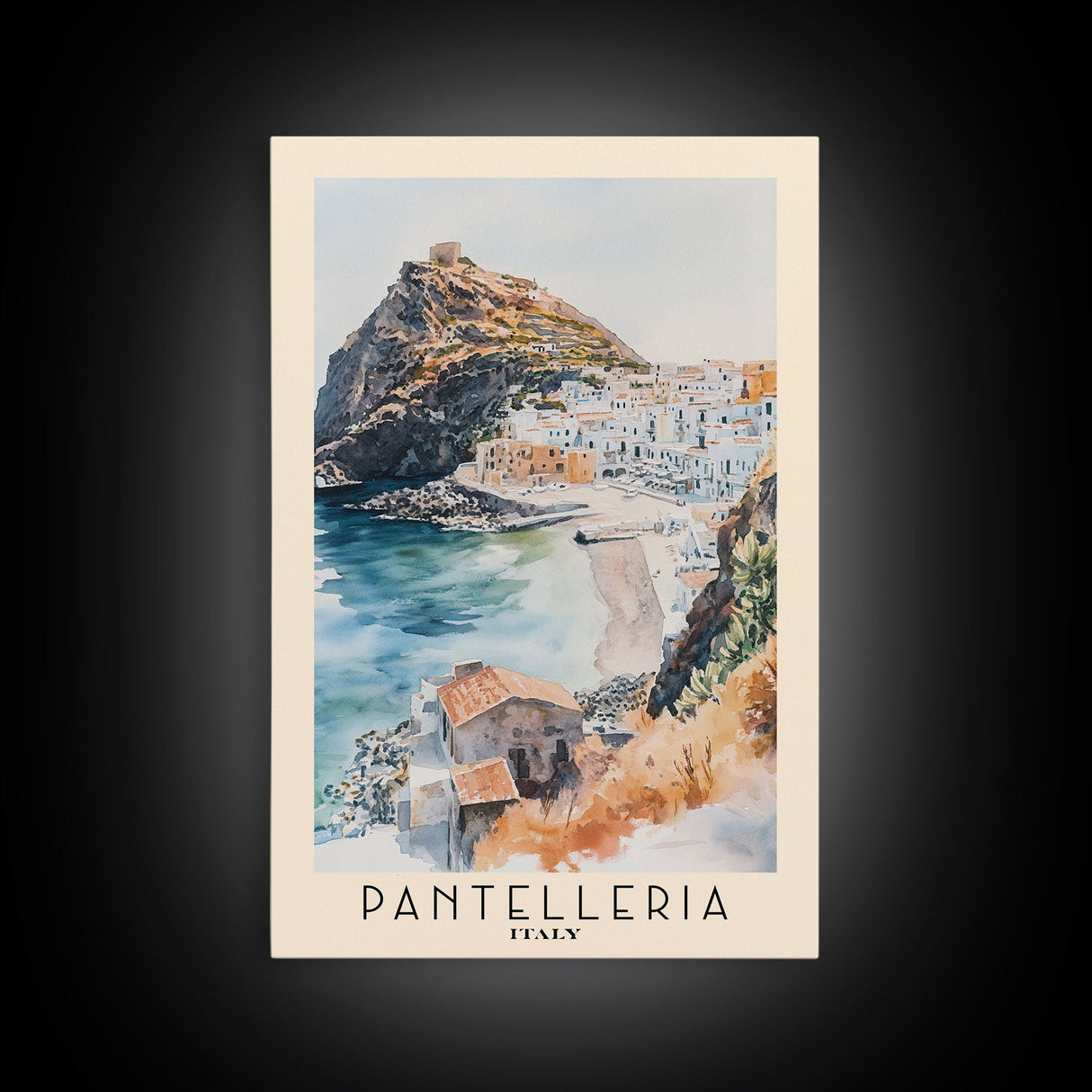 Pantelleria, Italy Watercolor Beach Print, Vacation Gift, Italy Wall Art, Framed Canvas Print, Framed Beach Painting