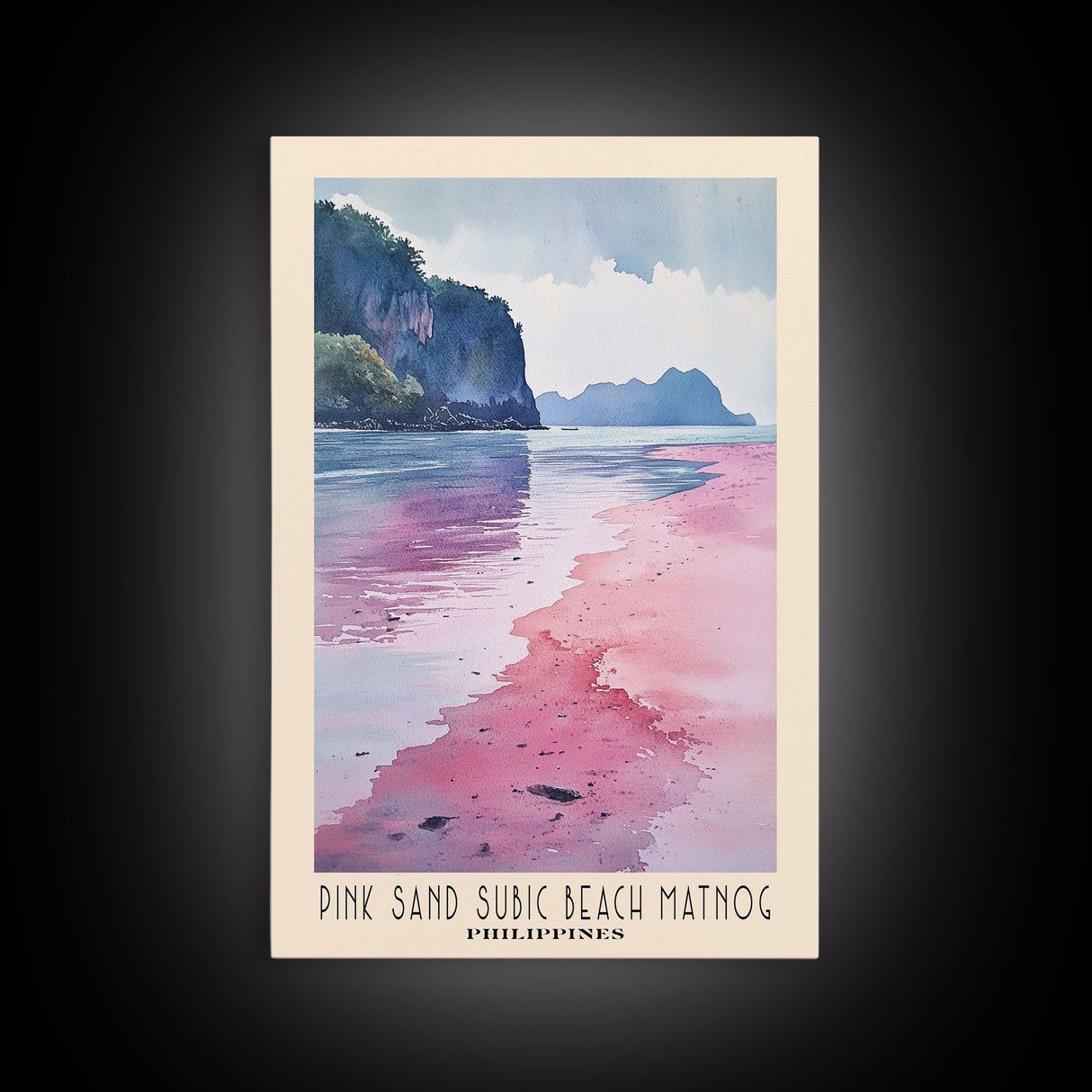 Pink sand Subic beach Matnog, Philippines Watercolor Print, Vacation Gift, Philippines Wall Art, Beach Painting, Beach Decor, Large Wall Art, Wood Frame Art