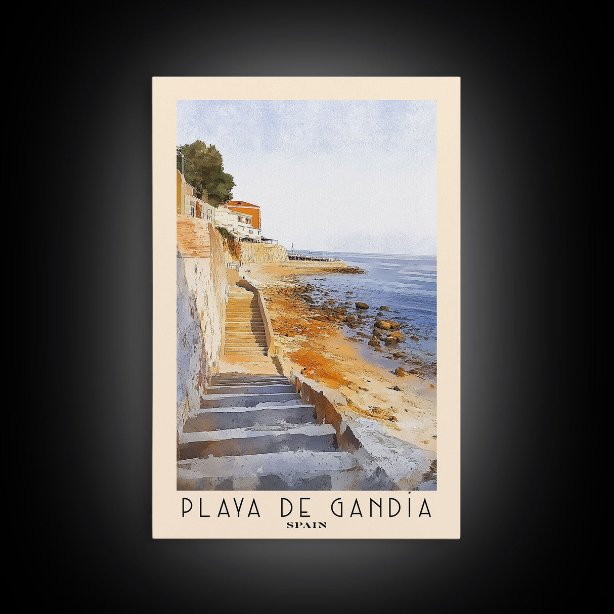 Playa de Gandía, Spain Watercolor Beach Print, Vacation Gift, Spain Wall Art, Framed Canvas Print, Framed Beach Painting