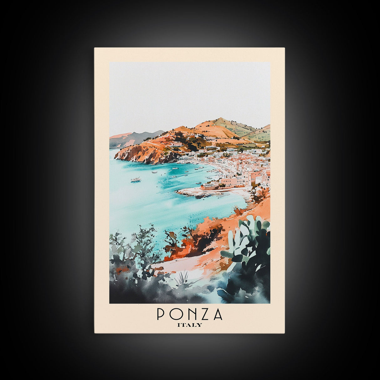 Ponza, Italy Watercolor Beach Print, Vacation Gift, Italy Wall Art, Framed Canvas Print, Framed Beach Painting