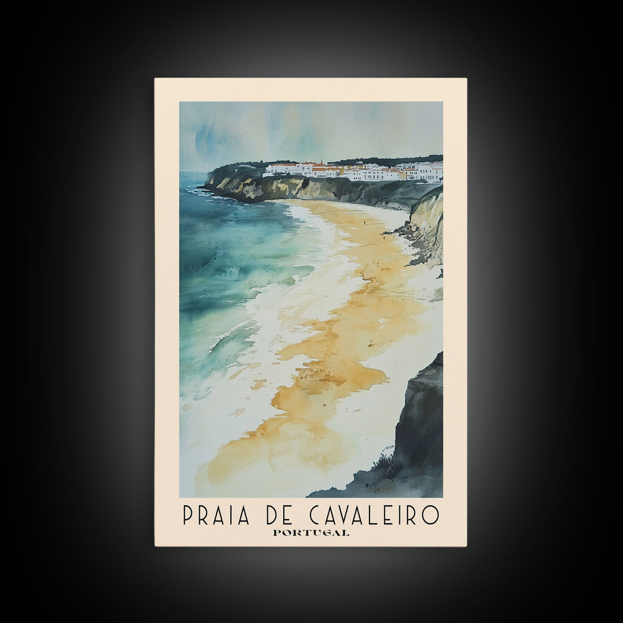 Praia de Cavaleiro, Portugal Watercolor Beach Print, Vacation Gift, Portugal Wall Art, Framed Canvas Print, Framed Beach Painting