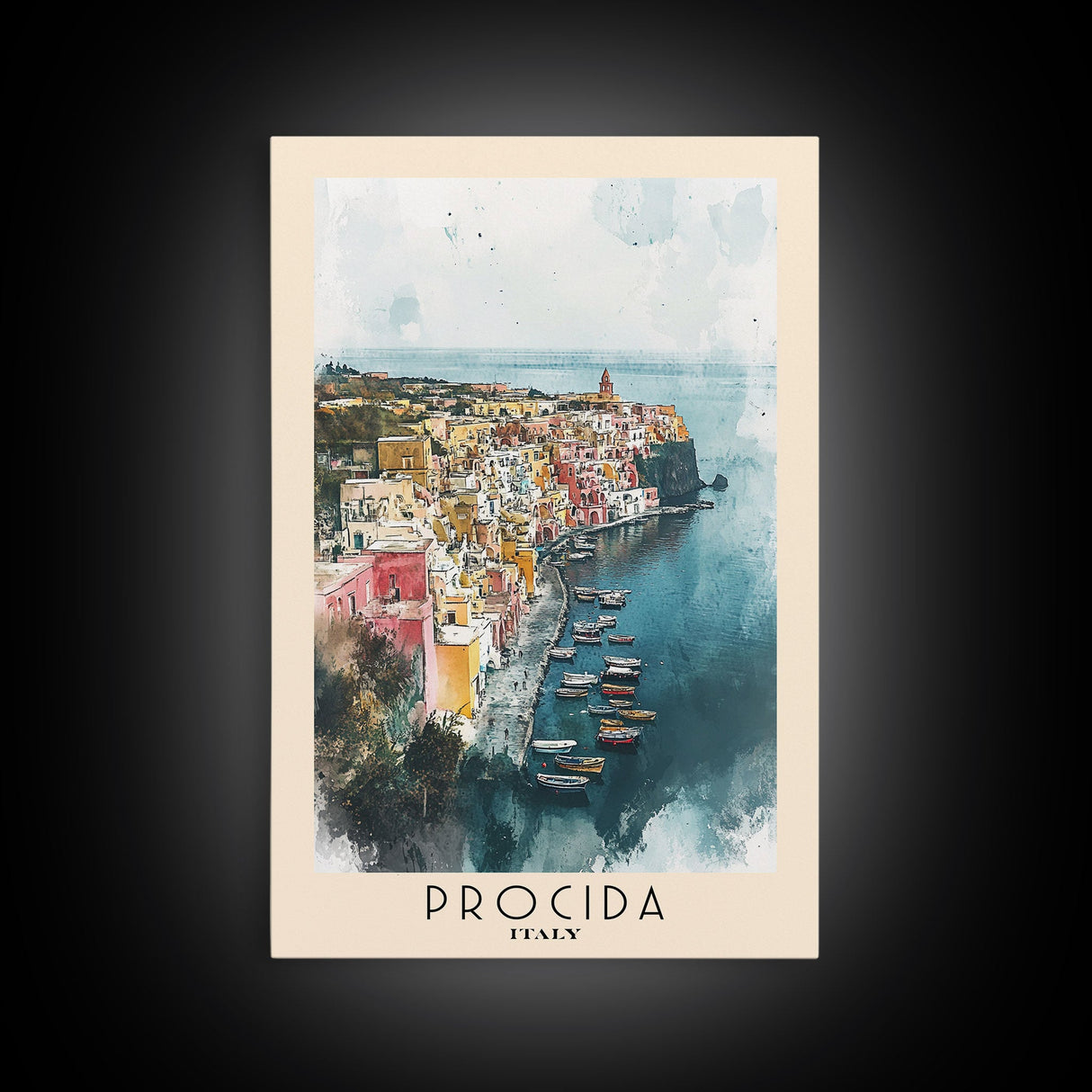 Procida, Italy Watercolor Beach Print, Vacation Gift, Italy Wall Art, Framed Canvas Print, Framed Beach Painting