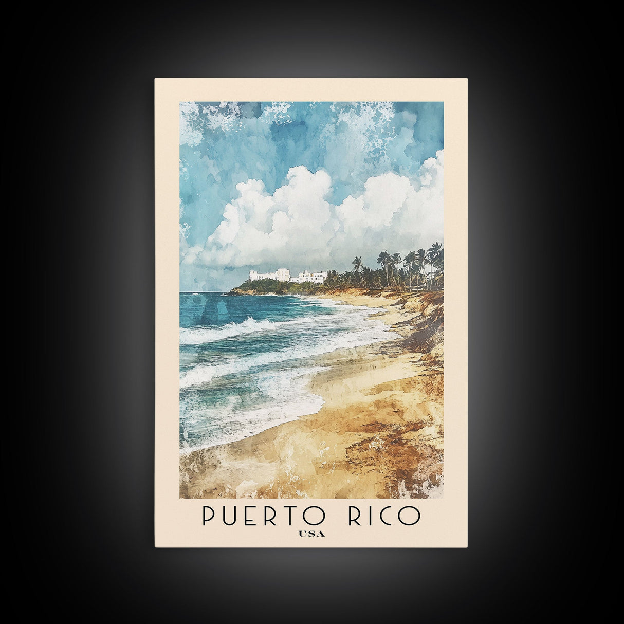 Puerto Rico, USA Watercolor Print, Vacation Gift, USA Wall Art, Beach Painting, Beach Decor, Large Wall Art, Wood Frame Art