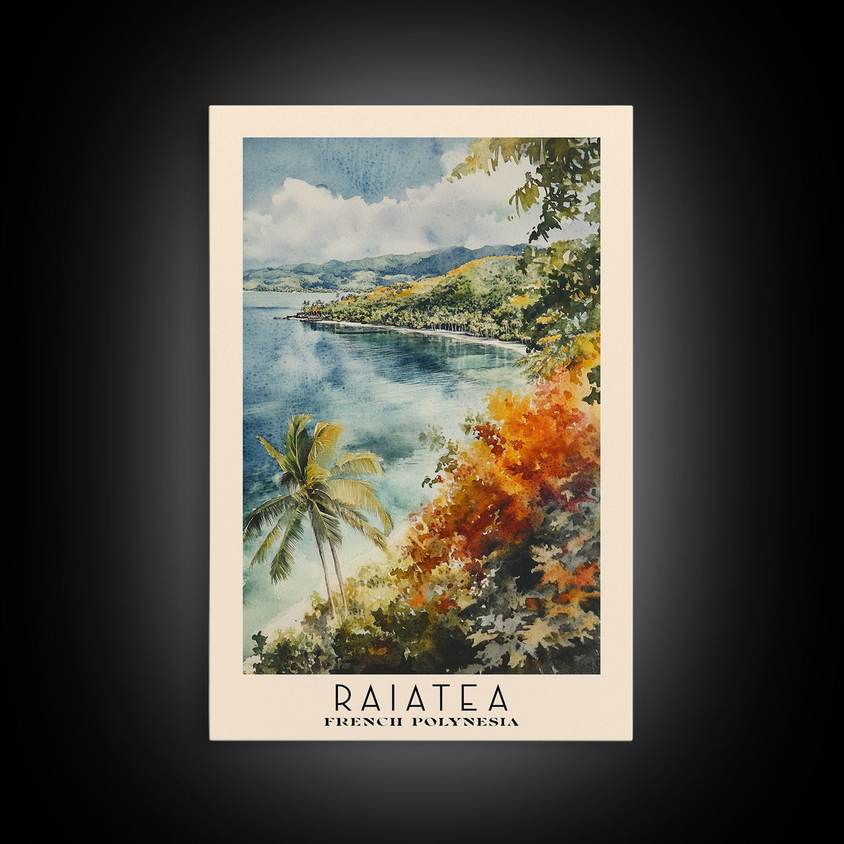 Raiatea, French Polynesia Watercolor Beach Print, Vacation Gift, French Polynesia Wall Art, Framed Canvas Print, Framed Beach Painting