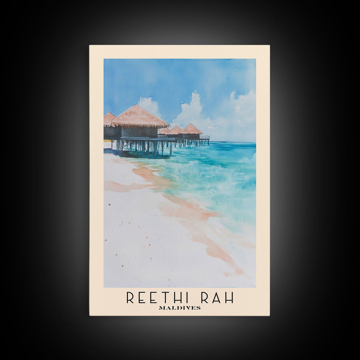 Reethi Rah, Maldives Watercolor Beach Print, Vacation Gift, Maldives Wall Art, Framed Canvas Print, Framed Beach Painting