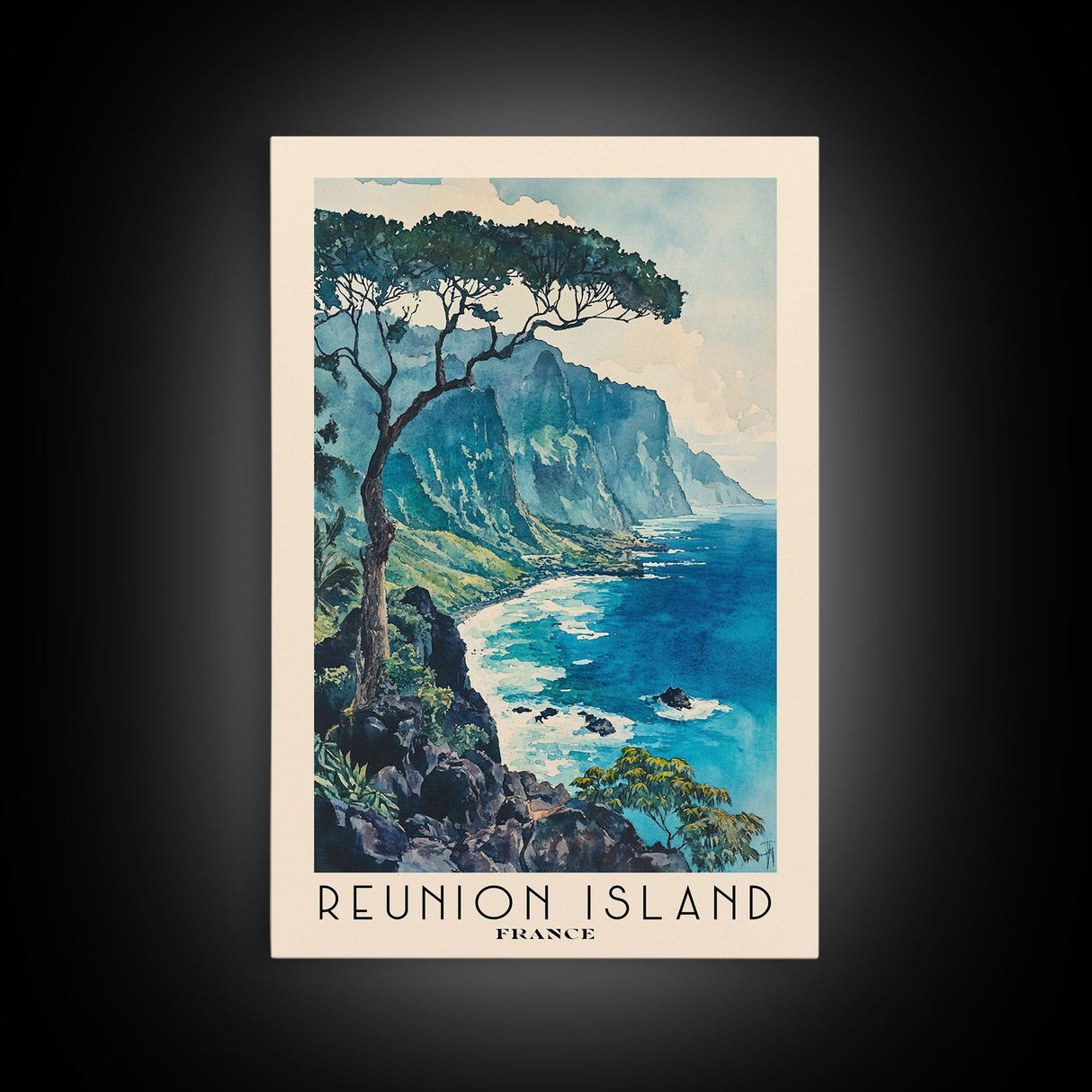 Reunion Island, France Watercolor Beach Print, Vacation Gift, France Wall Art, Framed Canvas Print, Framed Beach Painting