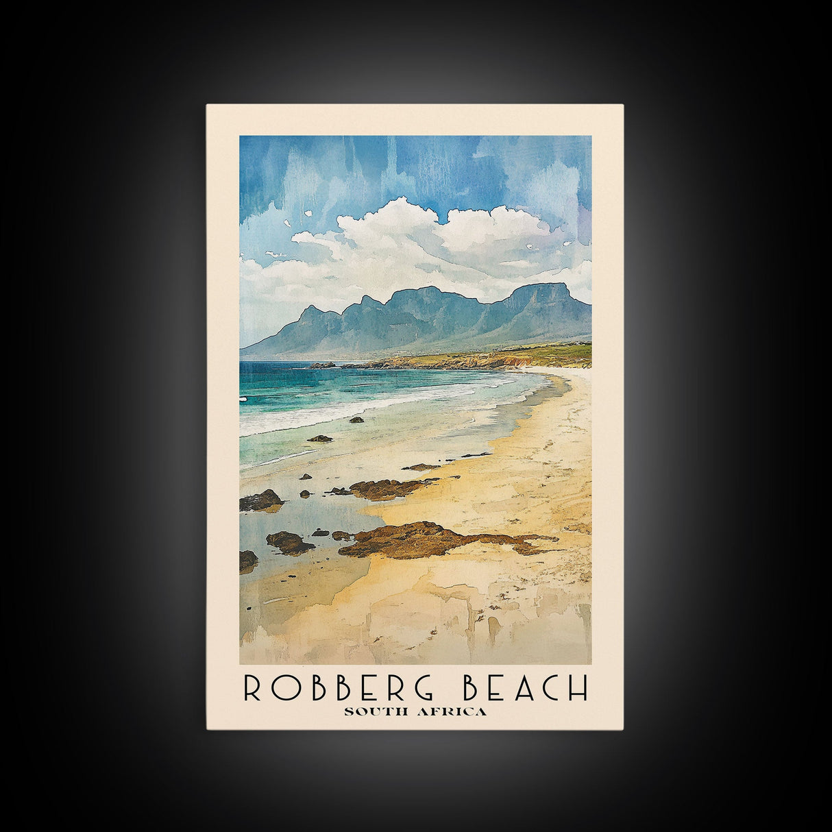 Robberg Beach, South Africa Watercolor Beach Print, Vacation Gift, South Africa Wall Art, Framed Canvas Print, Framed Beach Painting