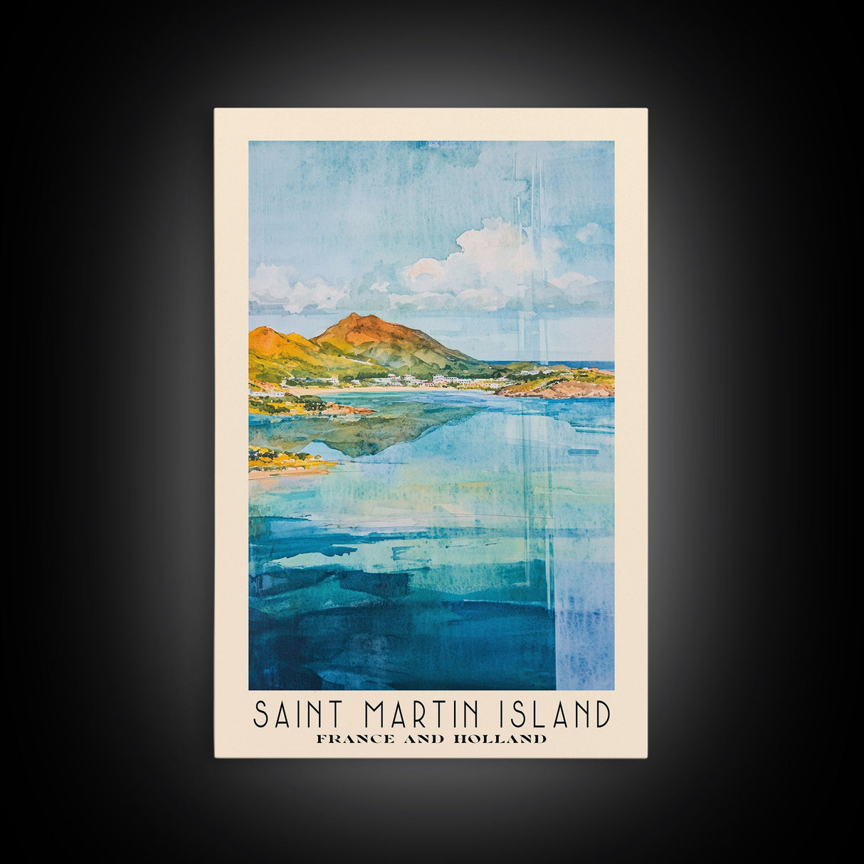 Saint Martin Island, France and Holland Watercolor Beach Print, Vacation Gift, France and Holland Wall Art, Framed Canvas Print, Framed Beach Painting