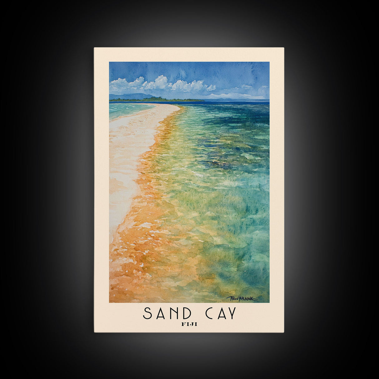 Sand Cay, Fiji Watercolor Beach Print, Vacation Gift, Fiji Wall Art, Framed Canvas Print, Framed Beach Painting