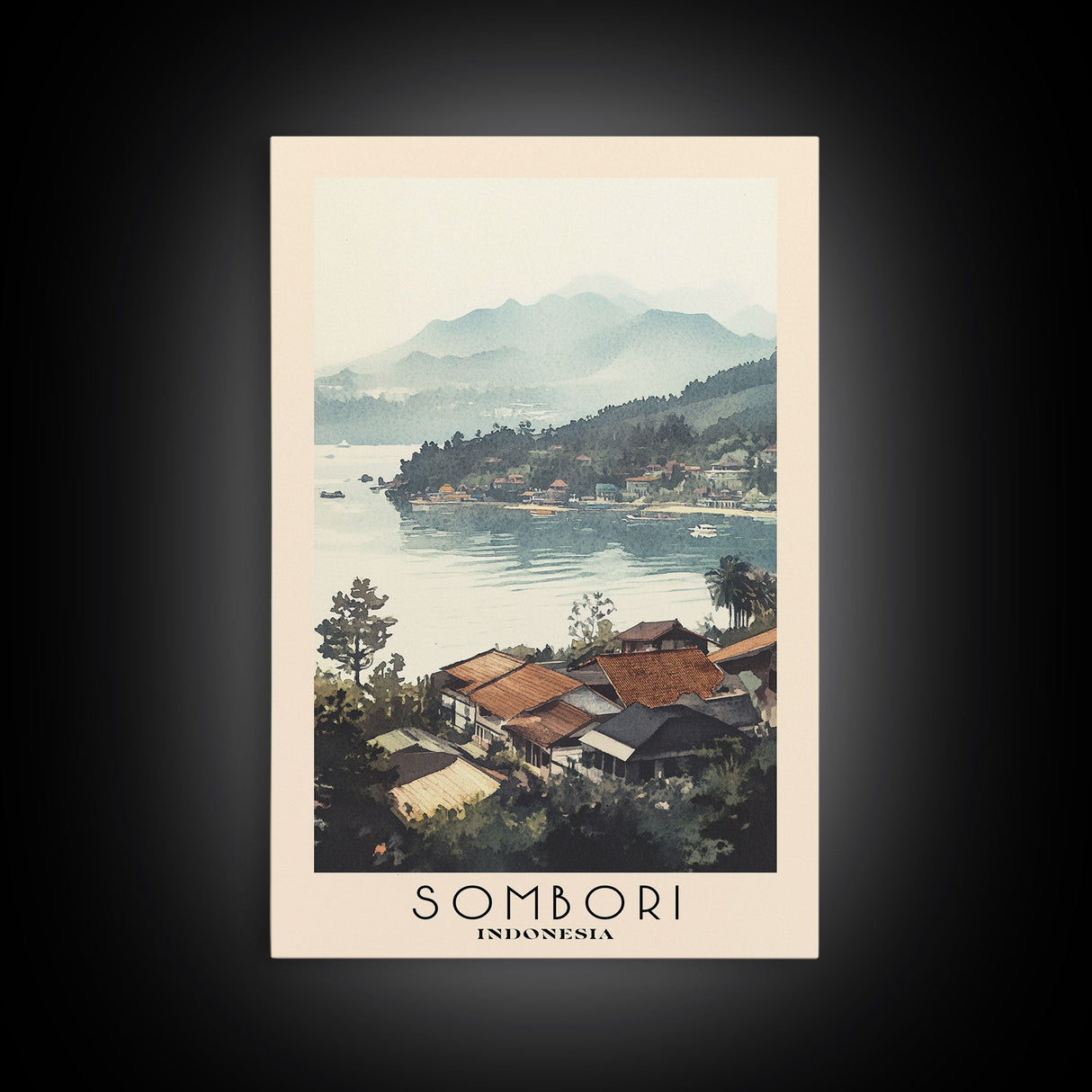 Sombori, Indonesia Watercolor Beach Print, Vacation Gift, Indonesia Wall Art, Framed Canvas Print, Framed Beach Painting