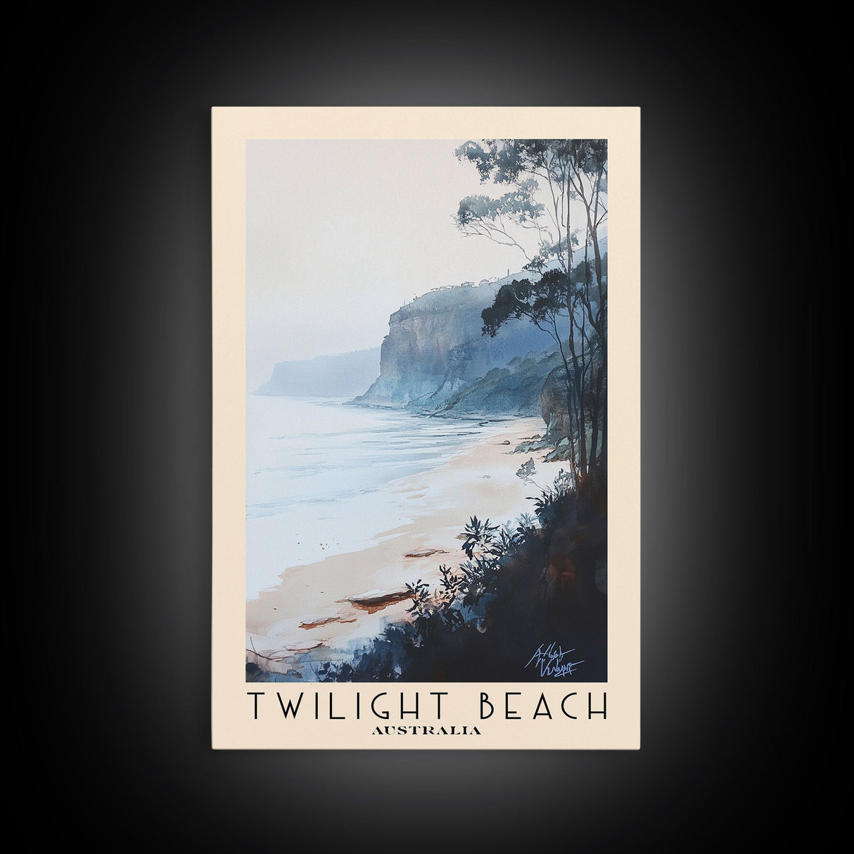 Twilight Beach, Australia Watercolor Beach Print, Vacation Gift, Australia Wall Art, Framed Canvas Print, Framed Beach Painting