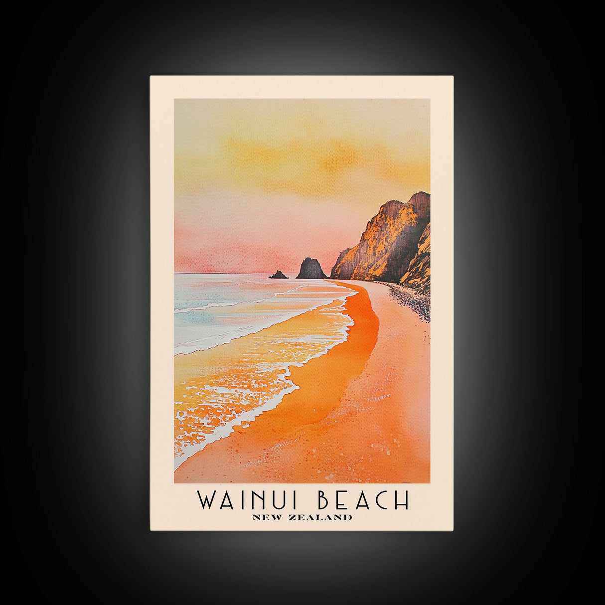 Wainui Beach, New Zealand Watercolor Print, Vacation Gift, New Zealand Wall Art, Beach Painting, Beach Decor, Large Wall Art, Wood Frame Art