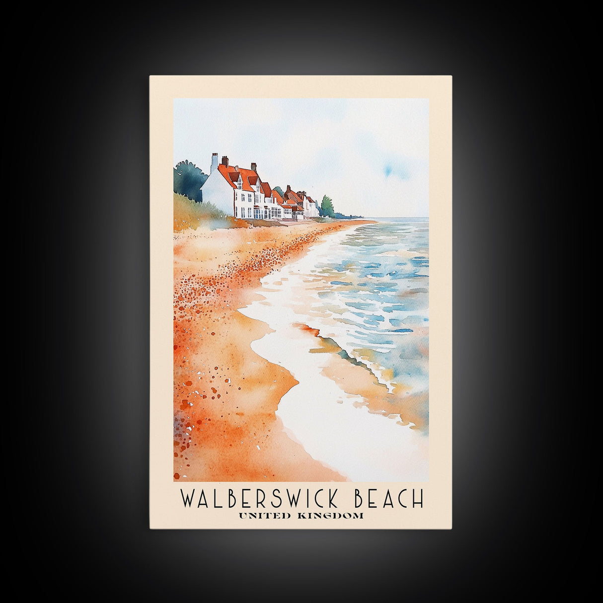 Walberswick Beach, United Kingdom Watercolor Beach Print, Vacation Gift, United Kingdom Wall Art, Framed Canvas Print, Framed Beach Painting