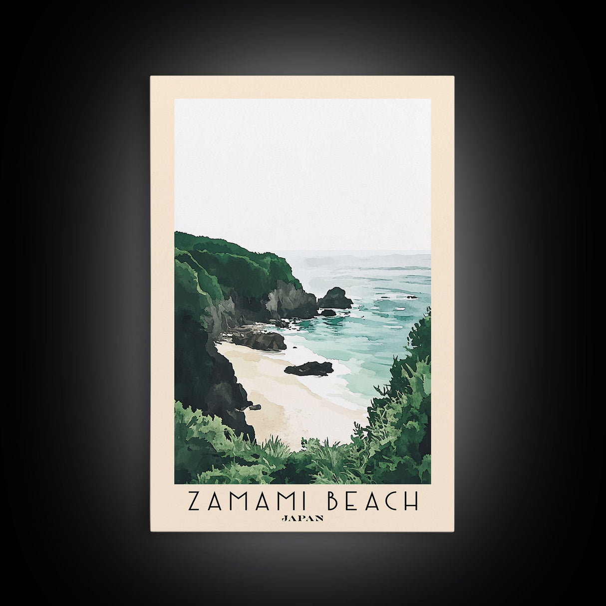 Zamami Beach, Japan Watercolor Beach Print, Vacation Gift, Japan Wall Art, Framed Canvas Print, Framed Beach Painting