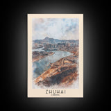 Zhuhai, China Watercolor Print, Vacation Gift, China Wall Art, Beach Painting, Beach Decor, Large Wall Art, Wood Frame Art