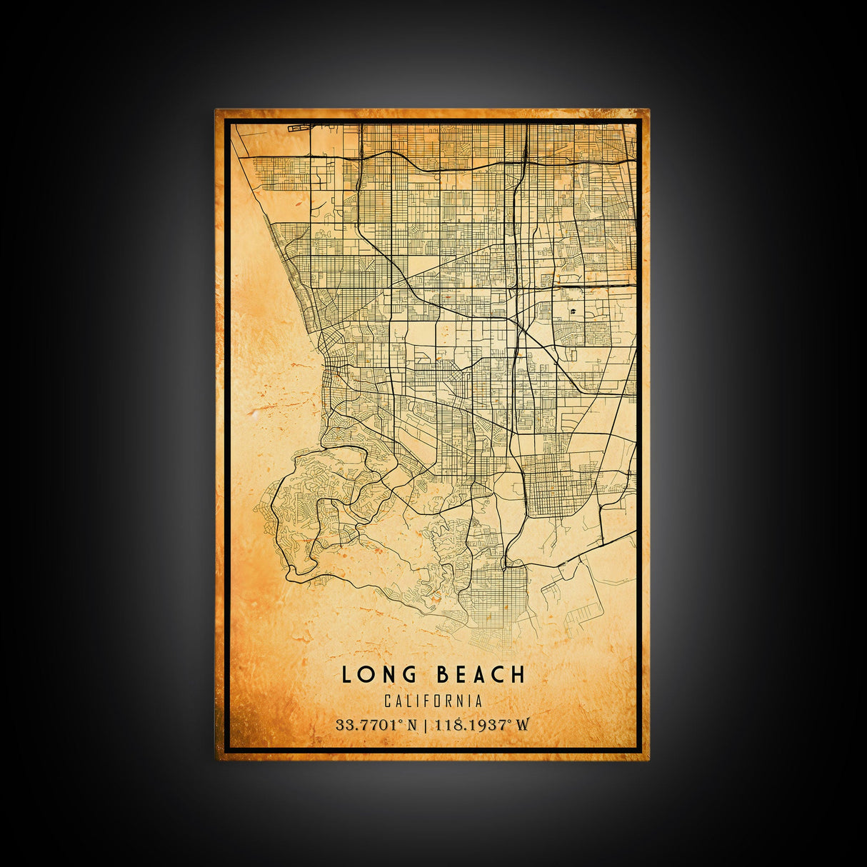 Long Beach map print poster or framed canvas | California map print poster canvas | Long Beach city map print poster canvas, distressed map