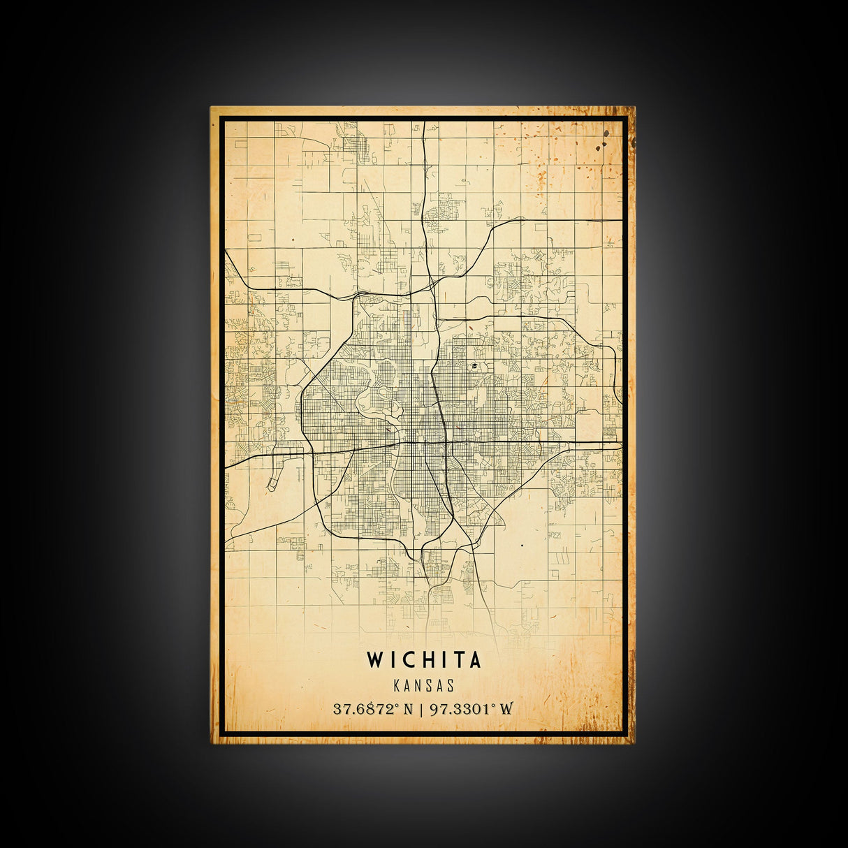 Vintage Wichita Kansas map print poster or framed canvas, Wichita map print poster canvas, Wichita city map print poster canvas, Travel Art