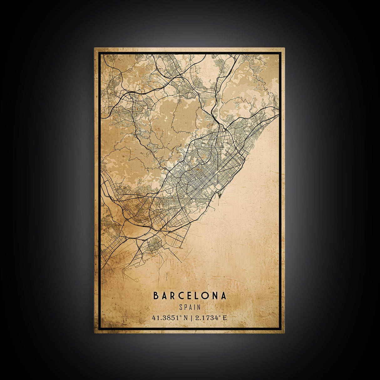 Barcelona Spain map print poster or framed canvas, Barcelona map print poster canvas, Spain city map print poster canvas, Vintage Travel Art