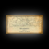 Panoramic Vintage Style Bucharest City Map Wall Art Canvas Print, Distressed Bucharest Map, Framed Art, Cool Travel Wall Art, Office Art