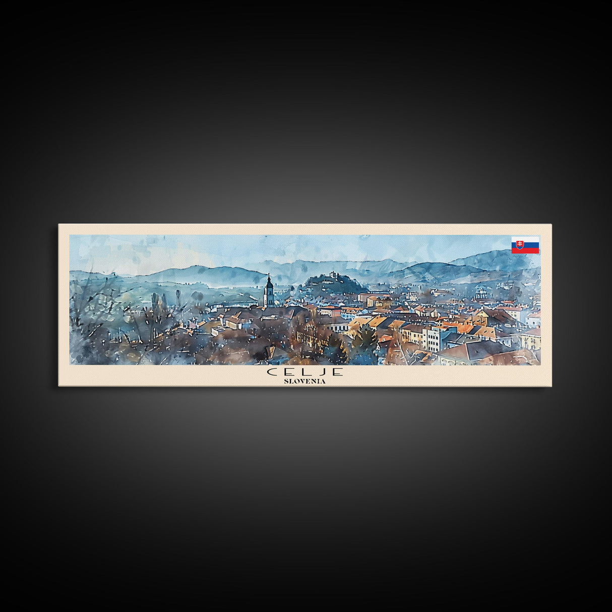 Celje Slovenia Panoramic Travel Poster, Framed Canvas Print or Metal Wall Art, Travel Art, Home Decor, Panoramic Painting, Midcentury Art