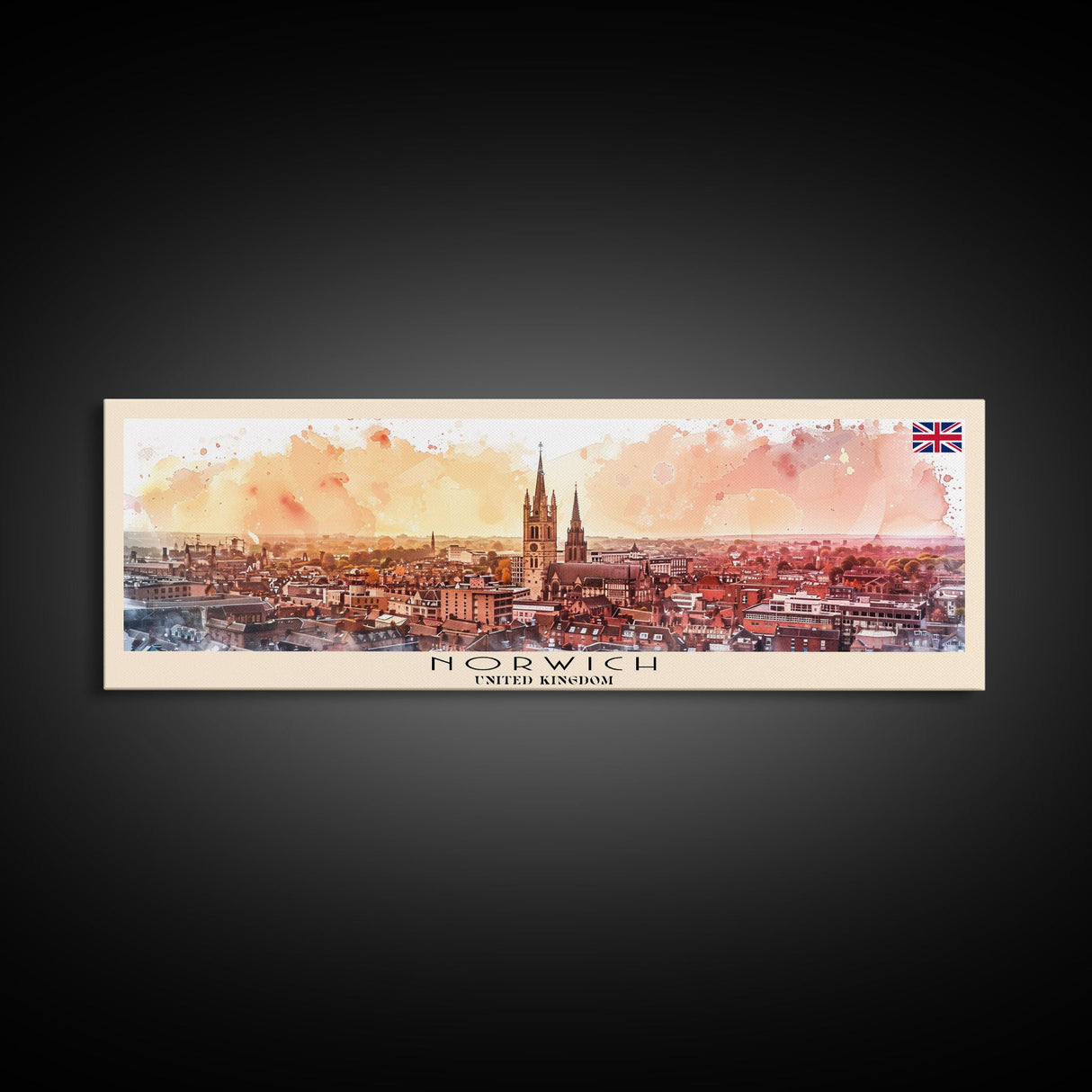 Norwich United Kingdom Panoramic Travel Poster, Framed Canvas Print or Metal Wall Art, Travel Art, Home Decor, Panoramic Painting, Midcentury Art