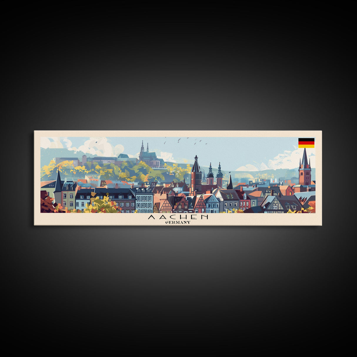 Aachen Germany  Panoramic Travel Poster, Framed Canvas Print or Metal Wall Art, Travel Art, Home Decor, Panoramic Painting, Midcentury Art