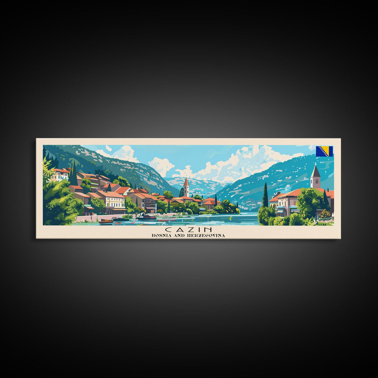 Cazin Bosnia Travel Art, City Art, Framed Canvas Print or Metal Wall Art, Europe Travel Poster, Panoramic Wall Art, Extra Wide Wall Art