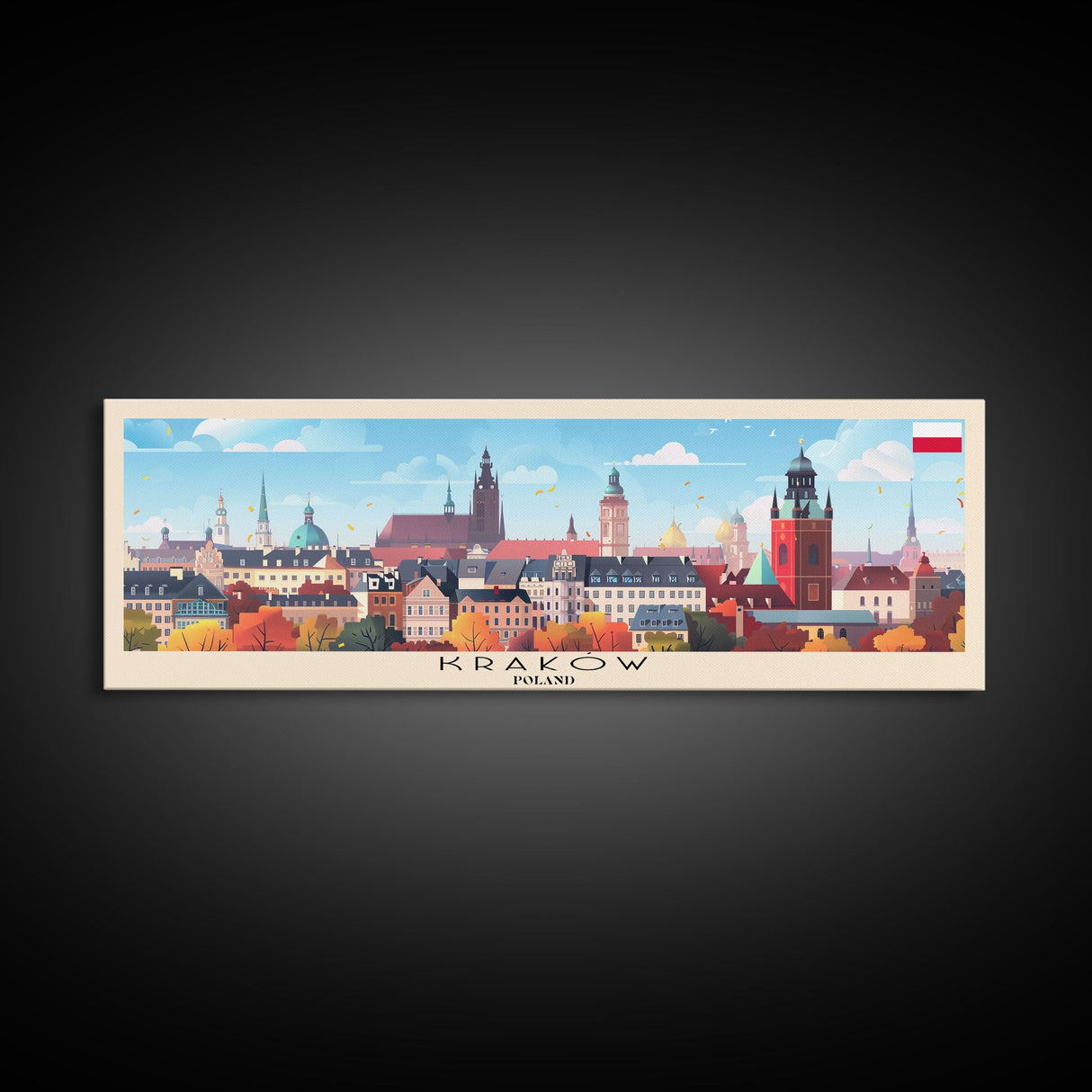 Krakow Poland Travel Art, City Art, Framed Canvas Print or Metal Wall Art, Europe Travel Poster, Panoramic Wall Art, Extra Wide Wall Art