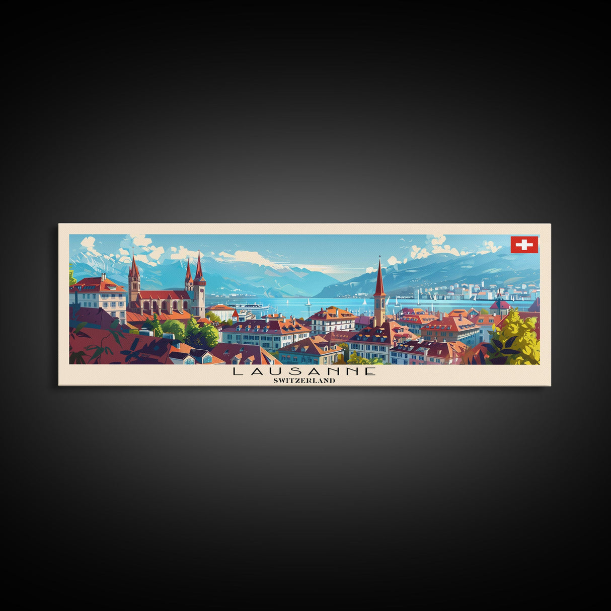 Lausanne Switzerland Travel Art, City Art, Framed Canvas Print or Metal Wall Art, Europe Travel Poster, Panoramic Wall Art, Extra Wide Wall Art