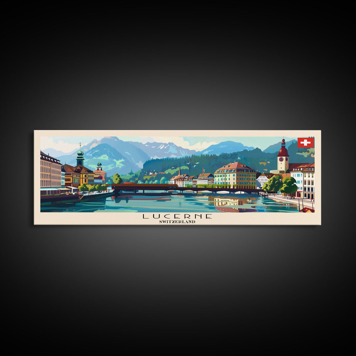 Lucerne Switzerland Travel Art, City Art, Framed Canvas Print or Metal Wall Art, Europe Travel Poster, Panoramic Wall Art, Extra Wide Wall Art