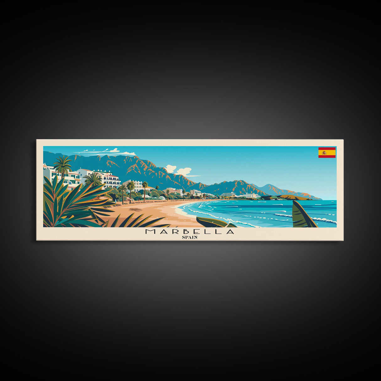 Marbella Spain Travel Art, City Art, Framed Canvas Print or Metal Wall Art, Europe Travel Poster, Panoramic Wall Art, Extra Wide Wall Art