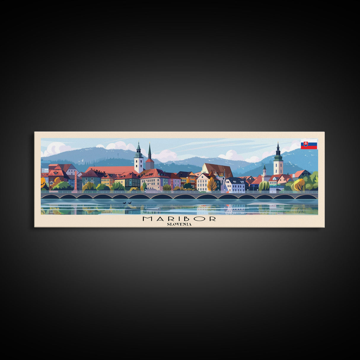 Maribor Slovenia Panoramic Travel Poster, Framed Canvas Print or Metal Wall Art, Travel Art, Home Decor, Panoramic Painting, Midcentury Art