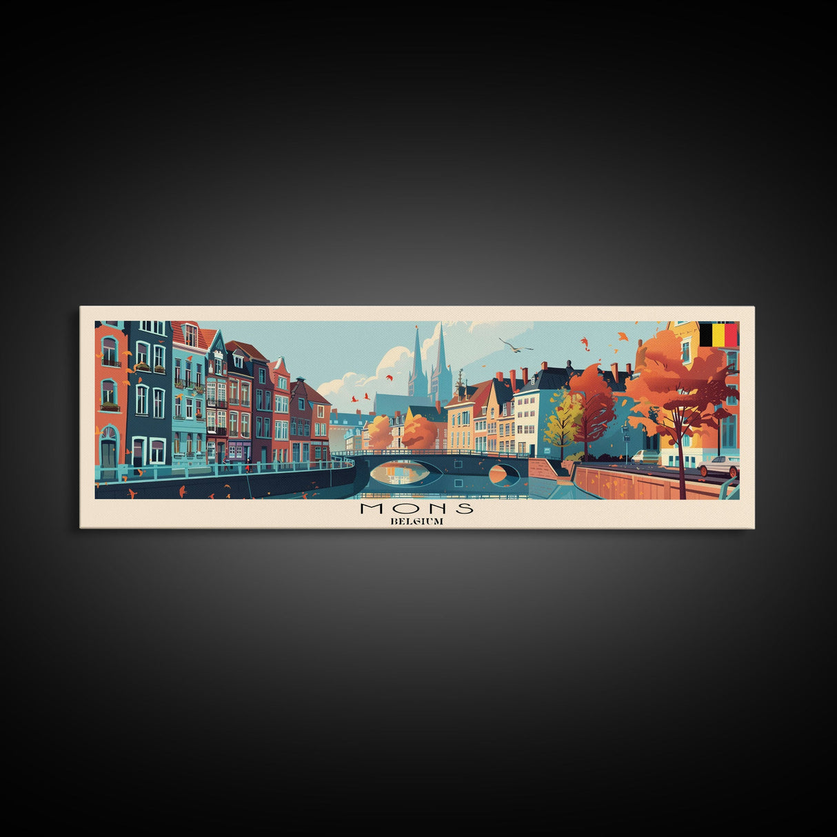 Mons Belgium Panoramic Travel Poster, Framed Canvas Print or Metal Wall Art, Travel Art, Home Decor, Panoramic Painting, Midcentury Art