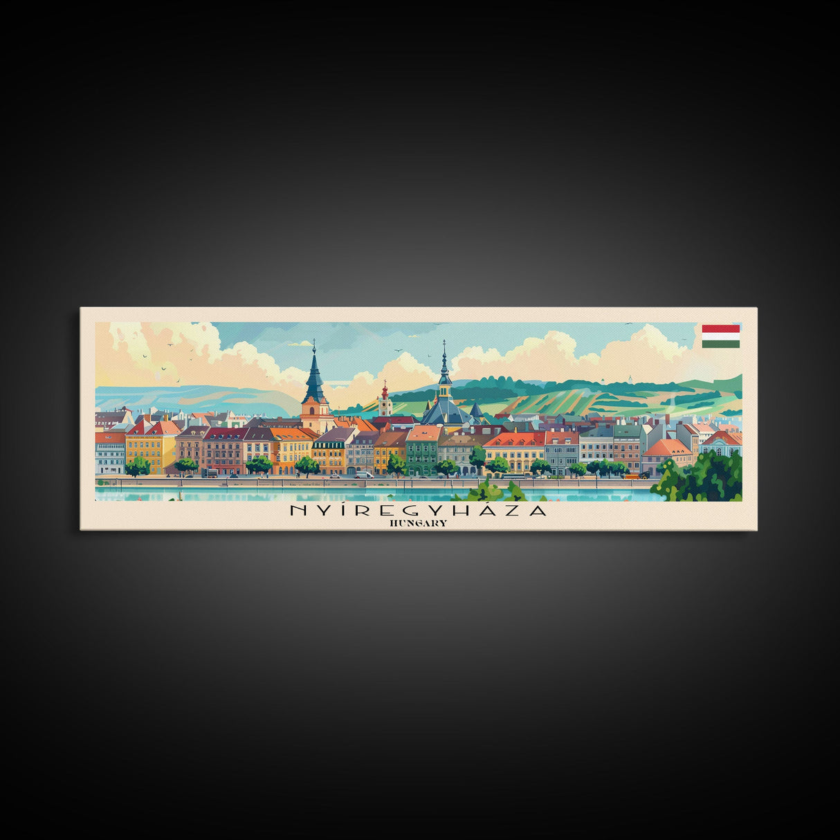 Nyiregyhaza Hungary Panoramic Travel Poster, Framed Canvas Print or Metal Wall Art, Travel Art, Home Decor, Panoramic Painting, Midcentury Art