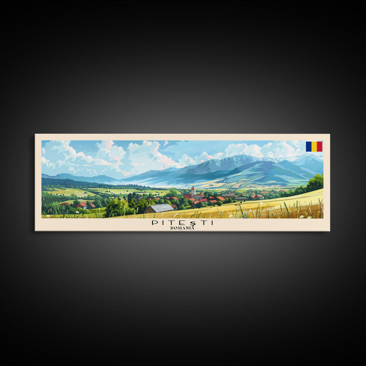 Pitesti Romania Panoramic Travel Poster, Framed Canvas Print or Metal Wall Art, Travel Art, Home Decor, Panoramic Painting, Midcentury Art