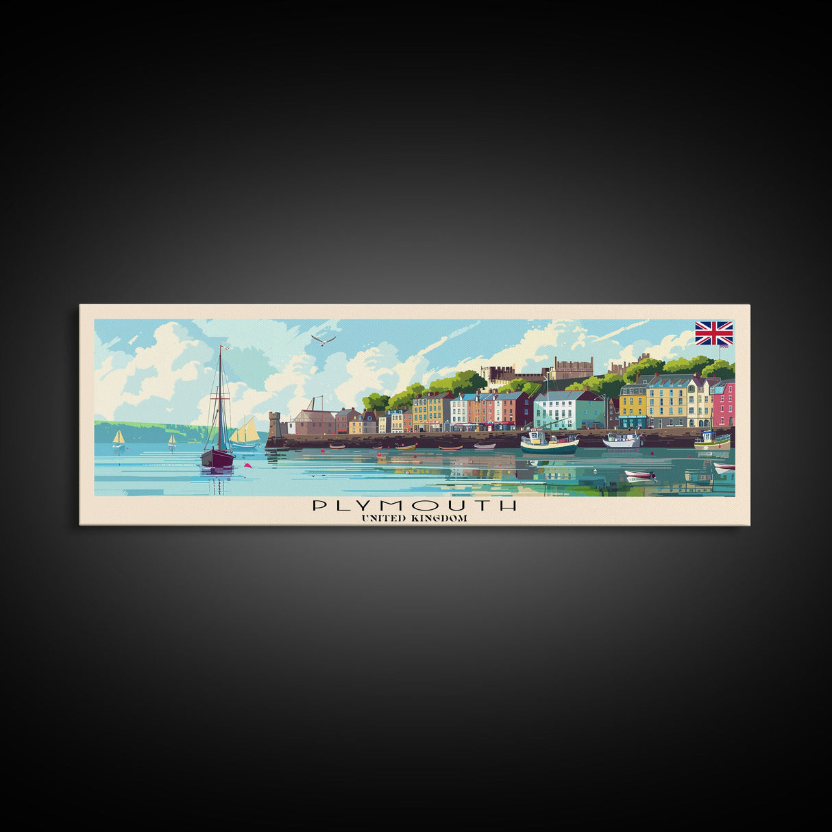 Plymouth United Kingdom Panoramic Travel Poster, Framed Canvas Print or Metal Wall Art, Travel Art, Home Decor, Panoramic Painting, Midcentury Art