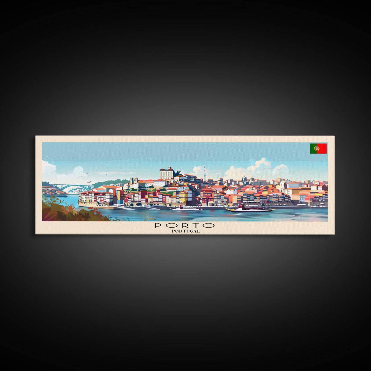 Porto Portugal Panoramic Travel Poster, Framed Canvas Print or Metal Wall Art, Travel Art, Home Decor, Panoramic Painting, Midcentury Art