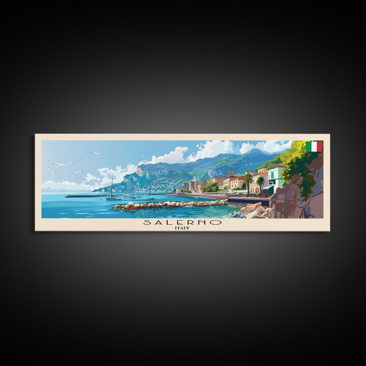 Salerno Italy Travel Art, City Art, Framed Canvas Print or Metal Wall Art, Europe Travel Poster, Panoramic Wall Art, Extra Wide Wall Art