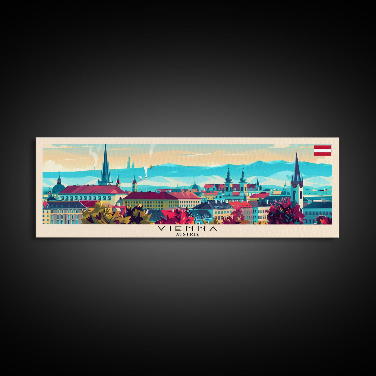 Vienna Austria Panoramic Travel Poster, Framed Canvas Print or Metal Wall Art, Travel Art, Home Decor, Panoramic Painting, Midcentury Art