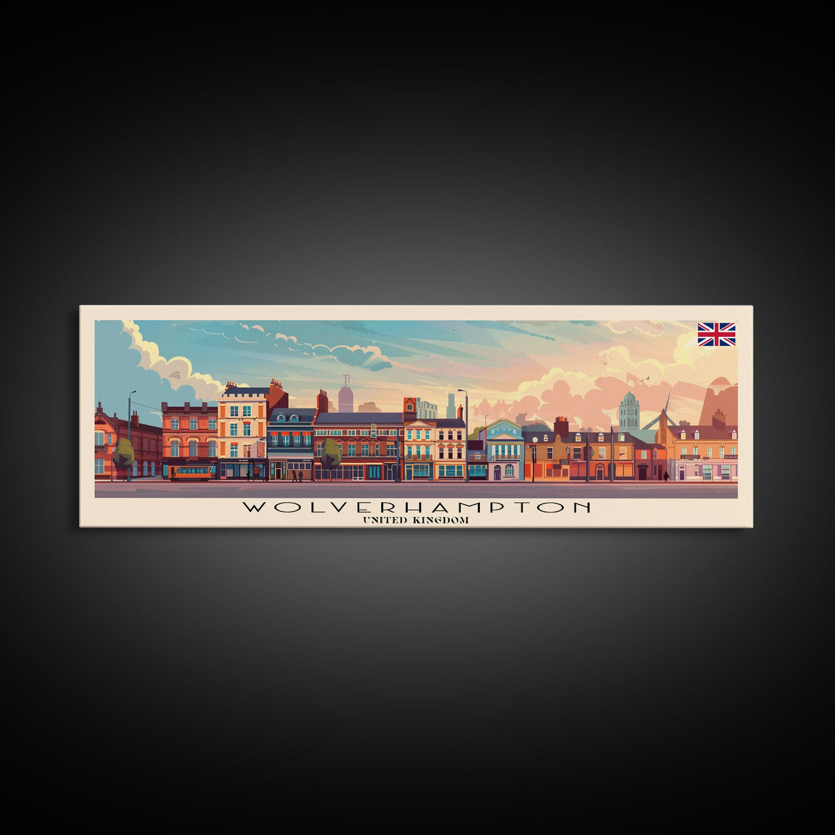 Wolverhampton United Kingdom Panoramic Travel Poster, Framed Canvas Print or Metal Wall Art, Travel Art, Home Decor, Panoramic Painting, Midcentury Art