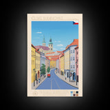 České Budějovice Czech Republic Travel Poster Framed Canvas Print, Midcentury Modern Art, Pop Art Decor, Living Room Wall Art