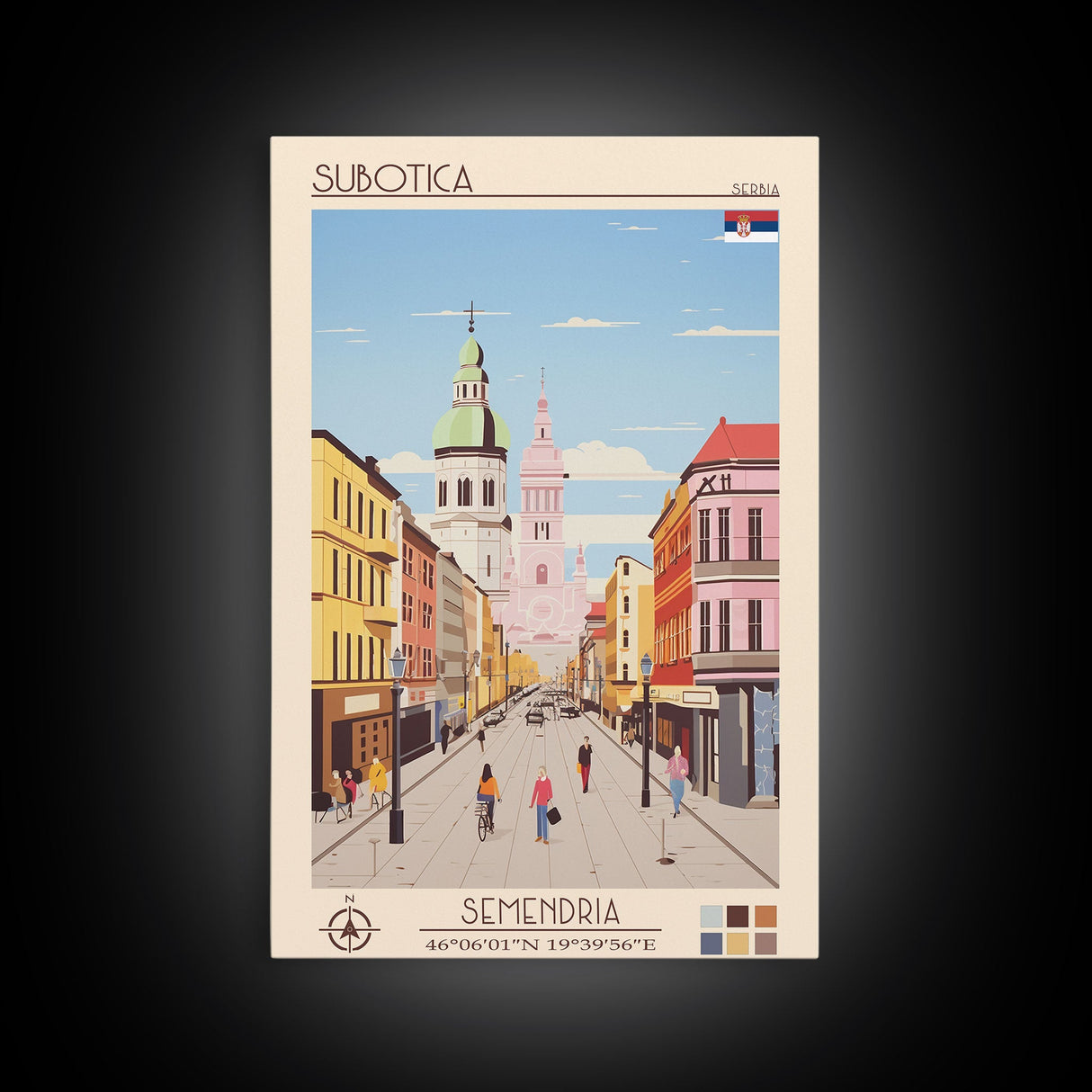 Subotica Serbia Travel Poster Framed Canvas Print, Midcentury Modern Art, Pop Art Wall Decor, Living Room Art, Home Decoration