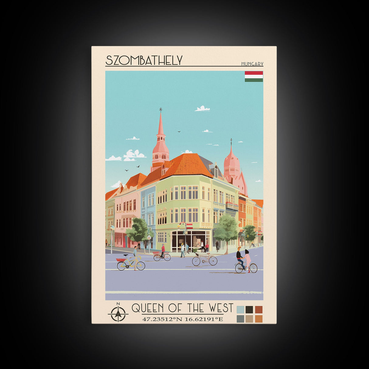 Szombathely Hungary Travel Poster Framed Canvas Print, Midcentury Modern Art, Pop Art Wall Decor, Living Room Art, Scenic Wall Art