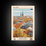 Tallinn Estonia Travel Poster Framed Canvas Print, Midcentury Modern Art, Pop Art Wall Decor, Living Room Art, Home Decoration