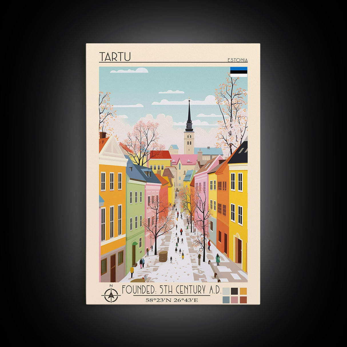 Tartu Estonia Travel Poster Framed Canvas Print, Midcentury Modern Art, Pop Art Wall Decor, Living Room Art, Home Decoration